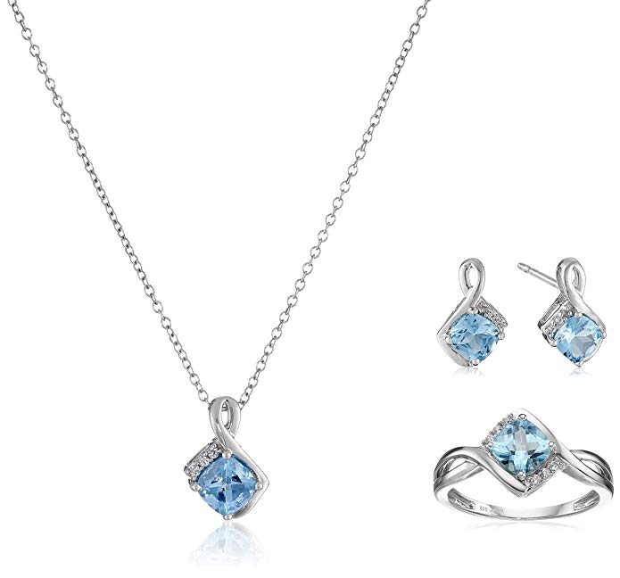 Sterling Silver Swiss Blue Topaz Cushion with Created White Sapphire ...
